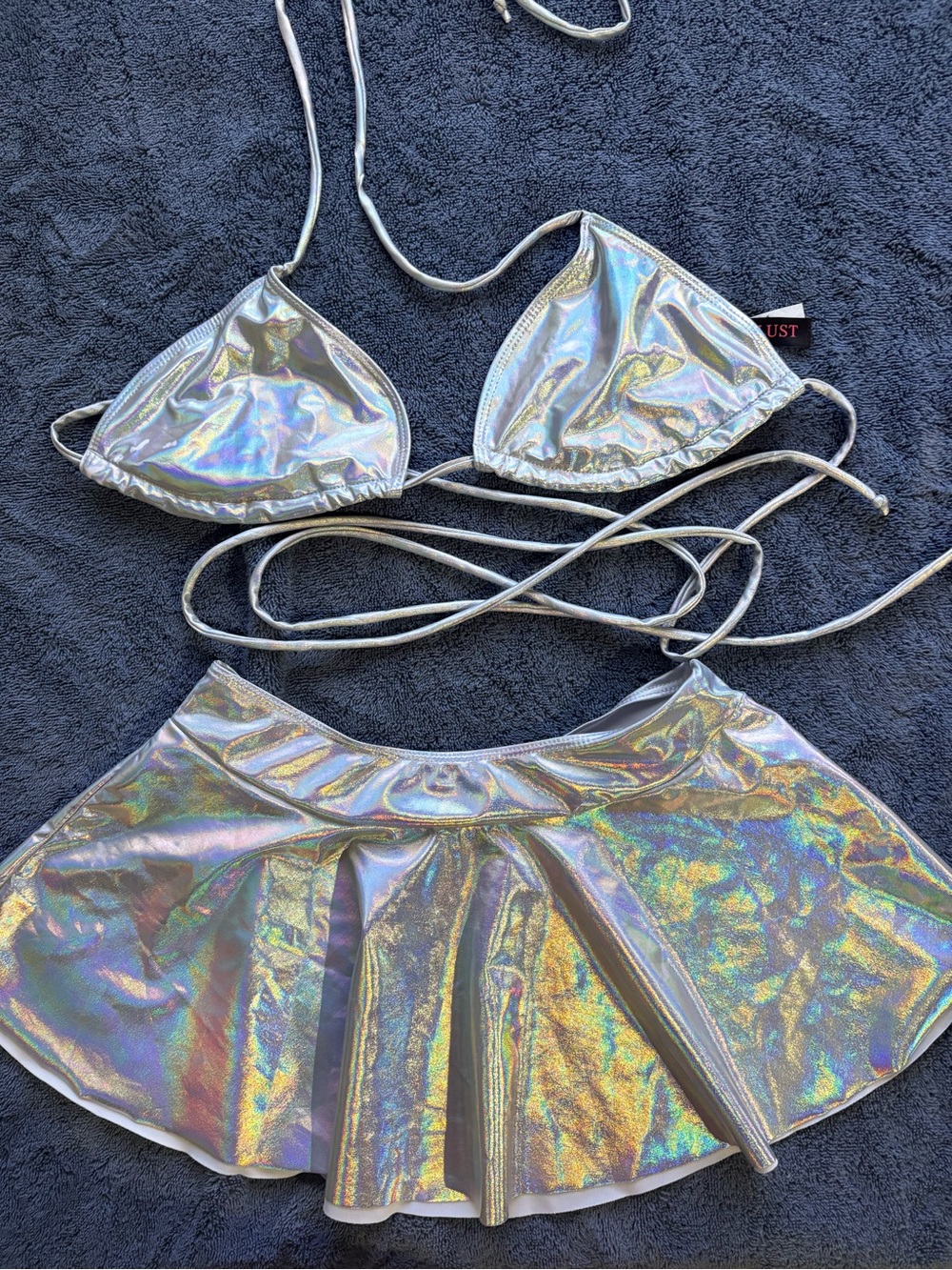 Amazon Iridescent Silver Holographic Bikini Top and Skirt Set